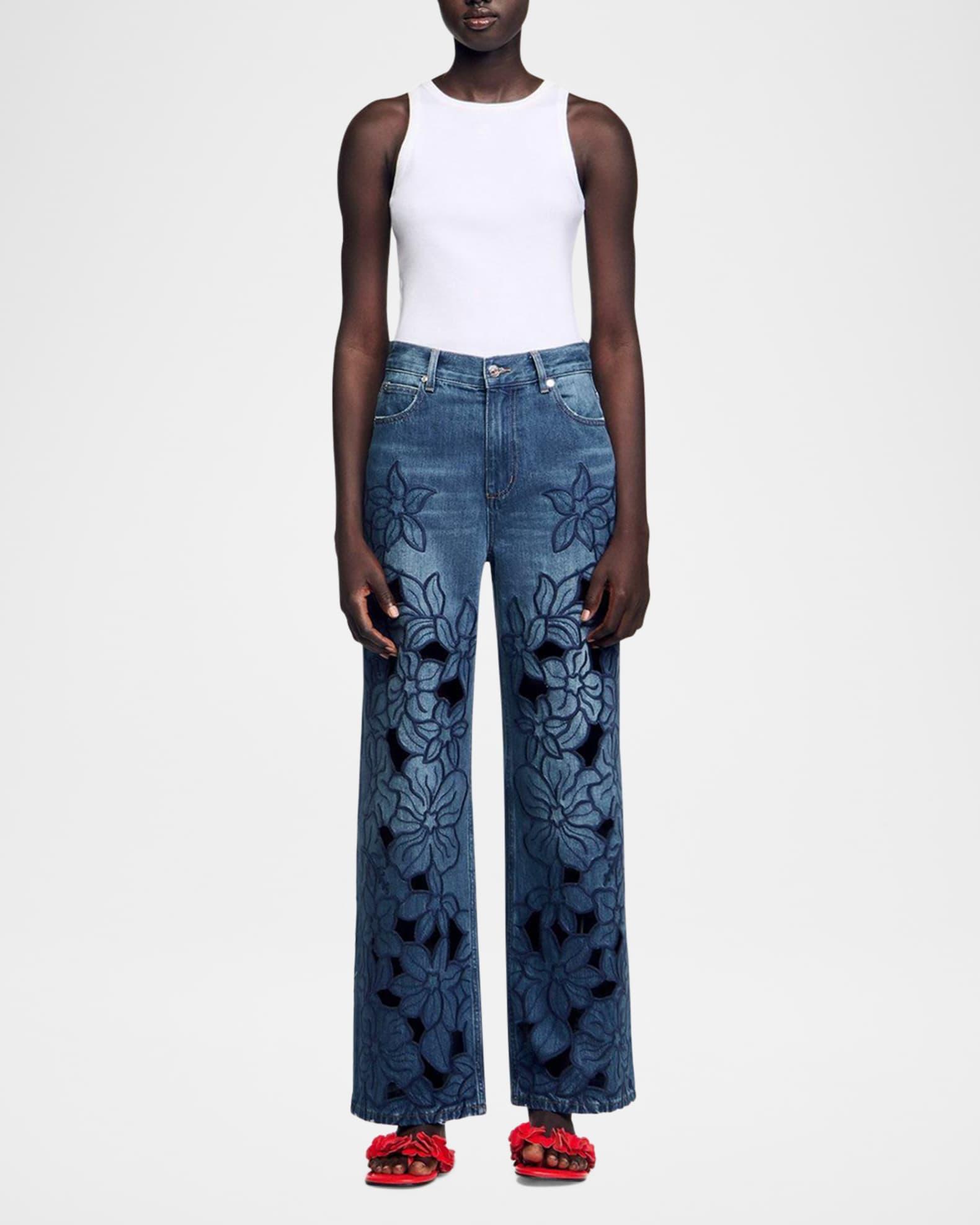 Spring Floral Embroidered Wide-Leg Jeans Product Image