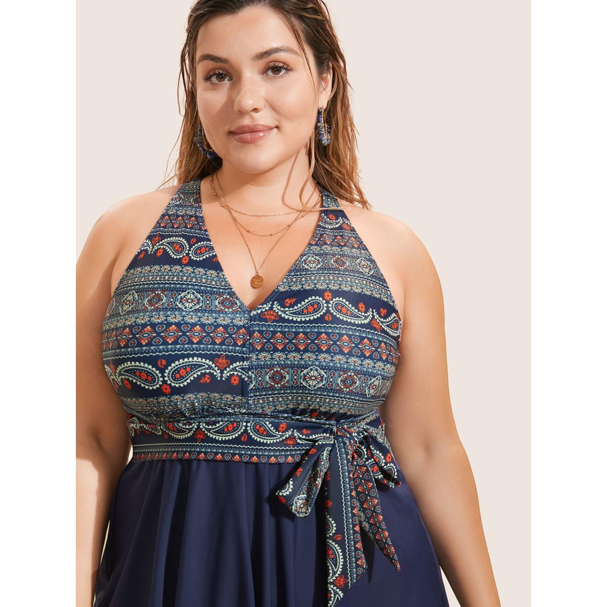 Plus Size Bandana Print Ties Knotted Patchwork Swim Dress Women's Swimwear Indigo Beach Bodycon Deep V-neck High stretch Curve Swim Dresses BloomChic 10/M Product Image
