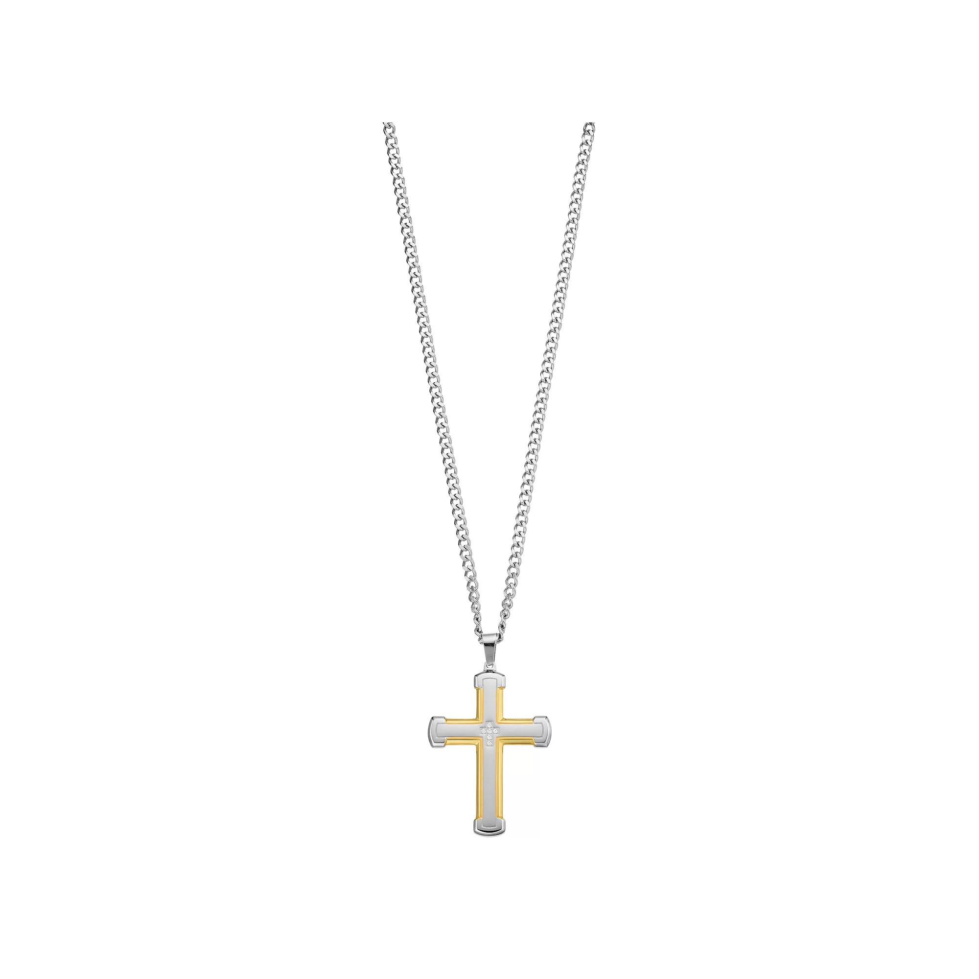 Diamond Brilliance Men's Gold Tone Stainless Steel 1/10 Carat T.W. Lab-Created Diamond Cross Pendant Necklace, Size: 24", White Product Image