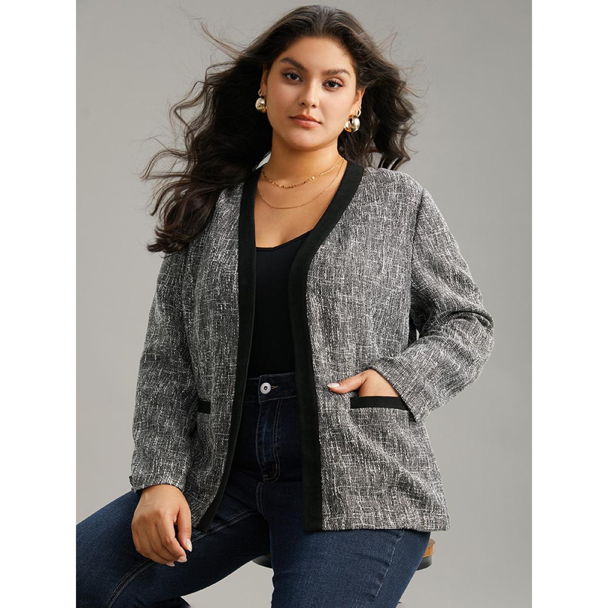 Plus Size Tweed Contrast Trim Pocket Tweed Blazer Gray Women Dailywear Plain Contrast Sleeve Long Sleeve Open Front 18-20/2X Pocket Casual Blazers BloomChic Product Image