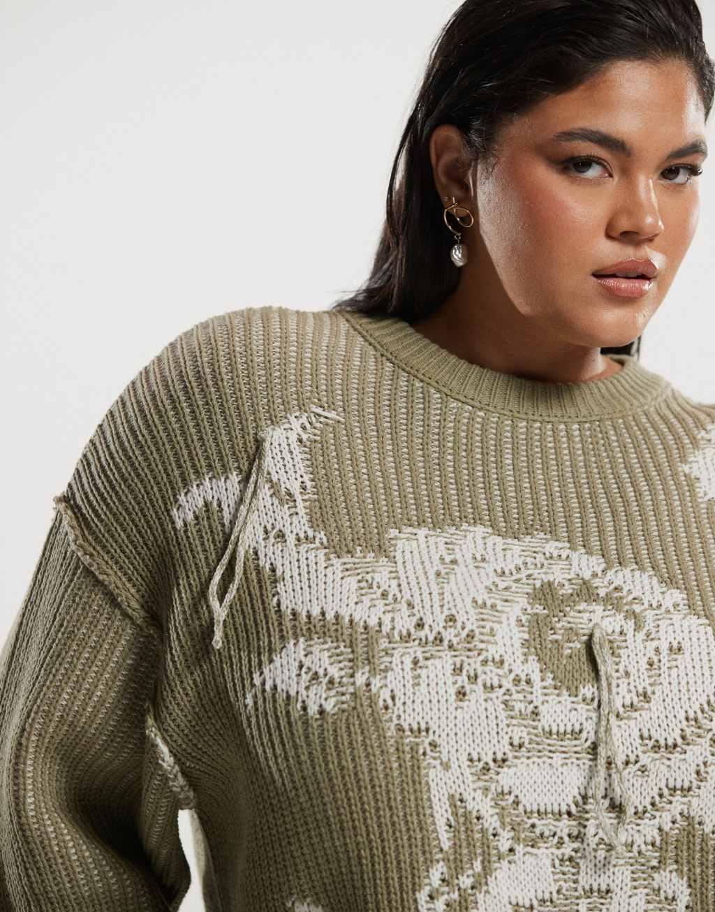 ASOS DESIGN Curve knit rose print oversized crew neck sweater in sage Product Image