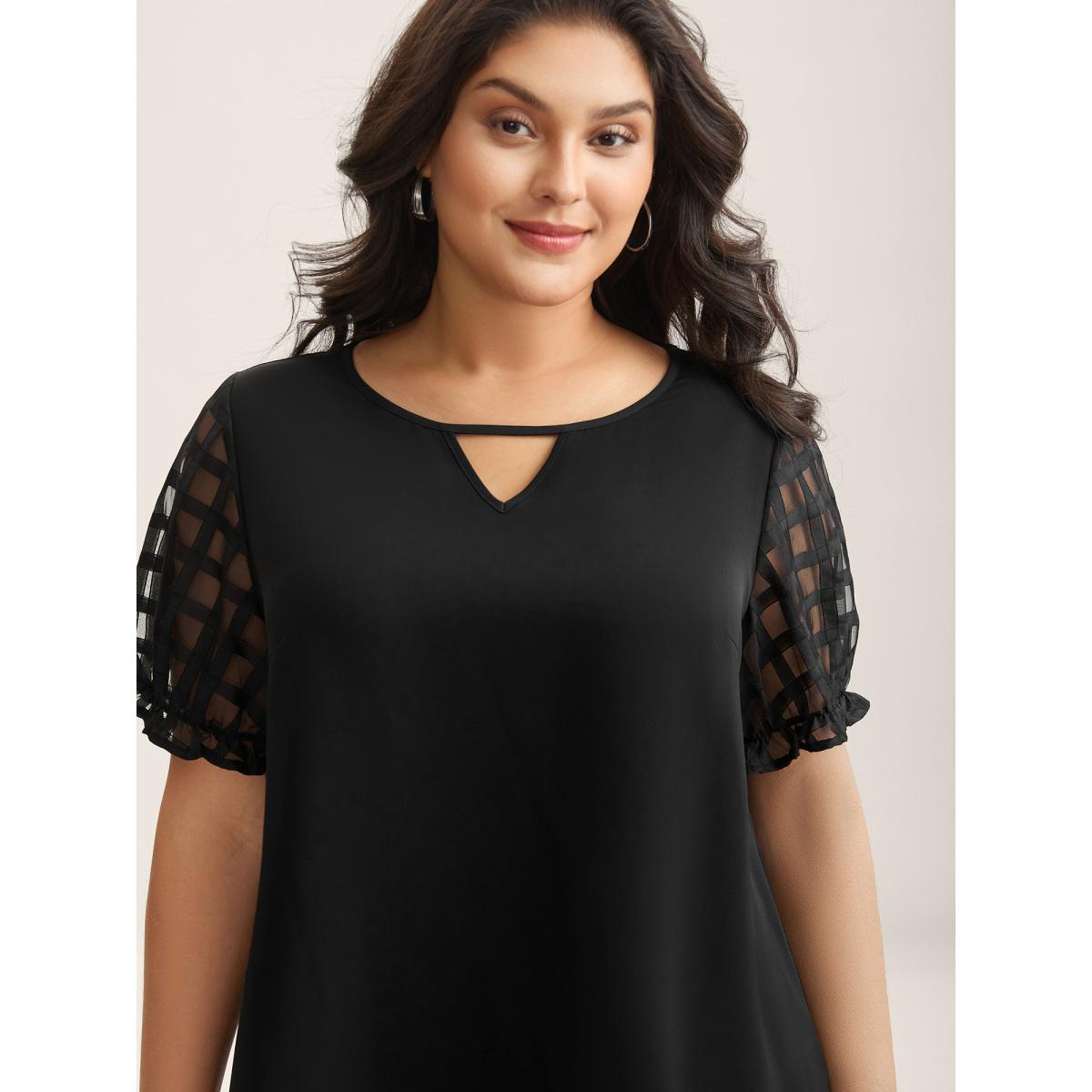 Plus Size Black Sheer Grid Neck Keyhole Blouse Women Short sleeve Round Neck Work Blouses BloomChic 18-20/2X Product Image