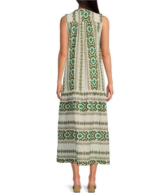 ELAN Geometric Print Tassel Split V-Neck Sleeveless Midi Dress Product Image