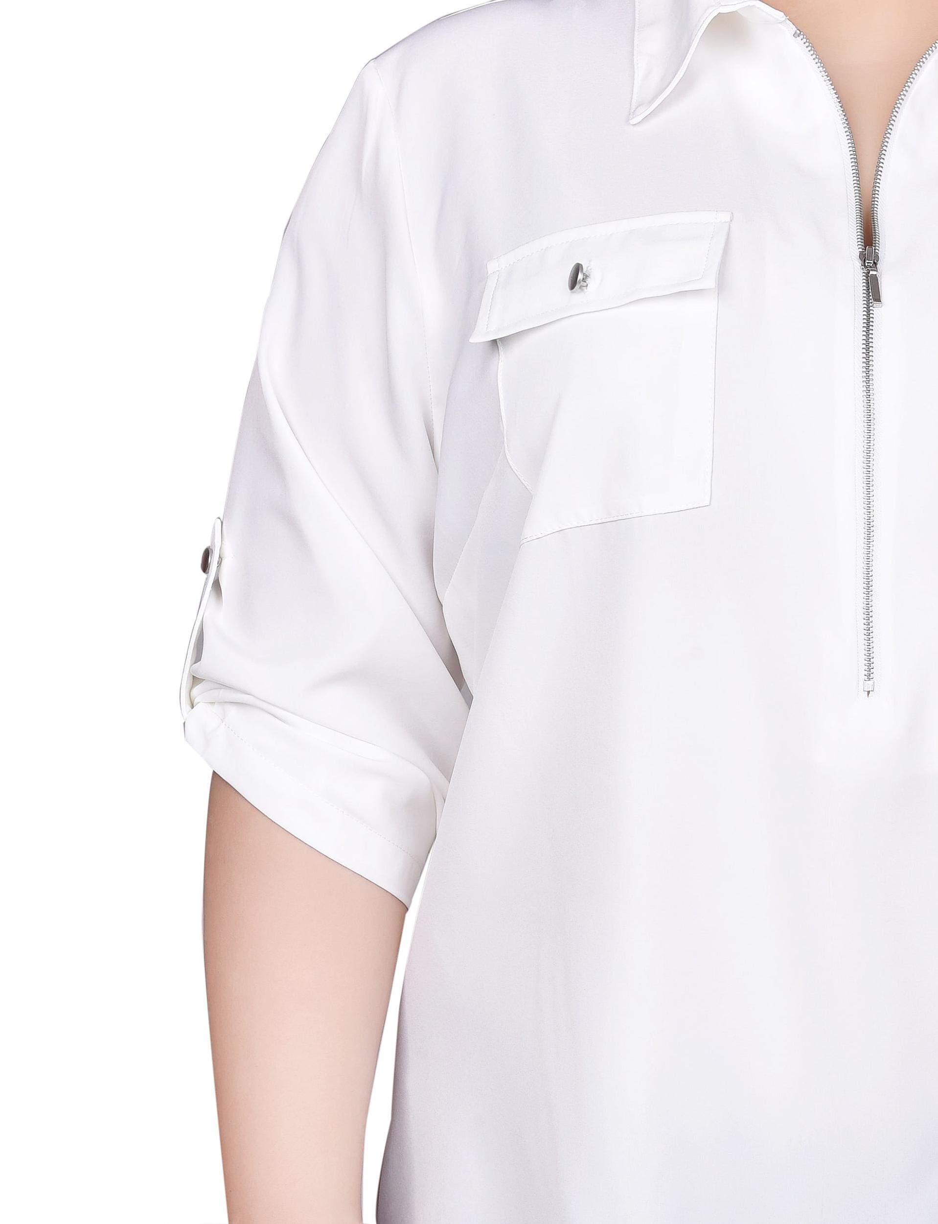 White Tabbed Sleeve Half-Zip Blouse - Plus Size Product Image