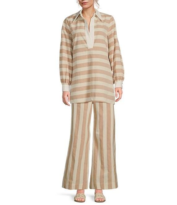 COREY LYNN CALTER Shadi Woven Stripe Print Split Collar V-Neck Long Sleeve Shirt Product Image