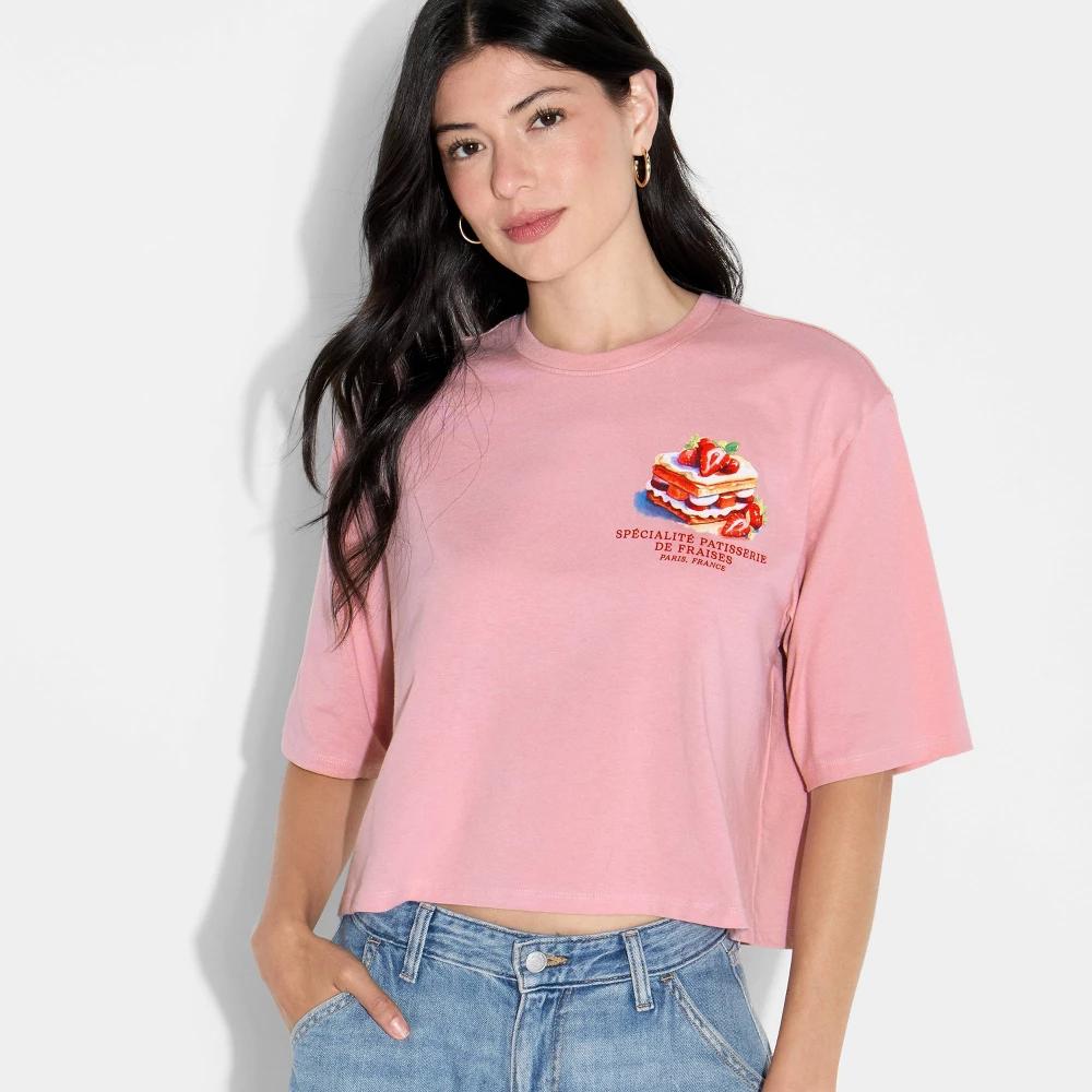 Women's Strawberry Dessert Boxy Cropped Short Sleeve Graphic T-Shirt - Rose Pink 2X Product Image