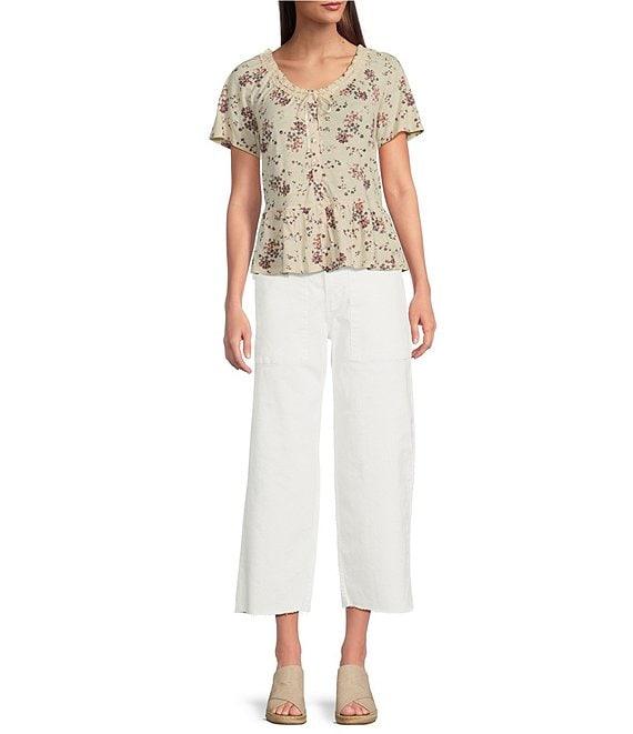 Lucky Brand Knit Floral Print Crew Neck Short Sleeve Peplum Tee Product Image