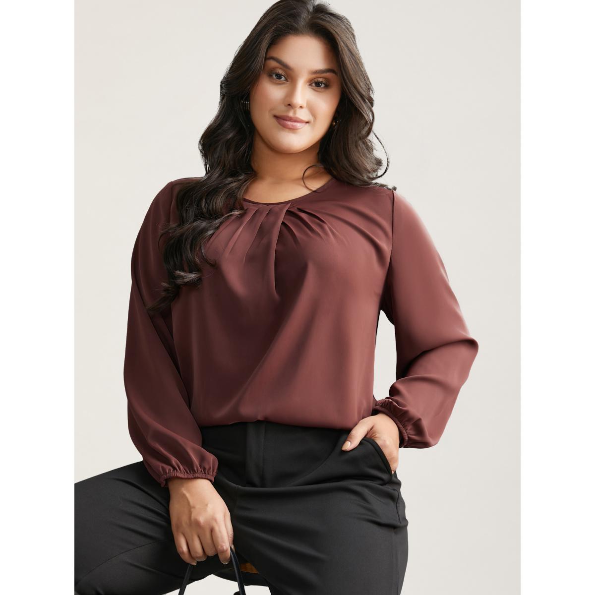 Plus Size Browncoffeecolor Solid Crew Neck Lantern Sleeve Blouse Women At the Office Long Sleeve Round Neck Office Blouses BloomChic 26/4X Product Image