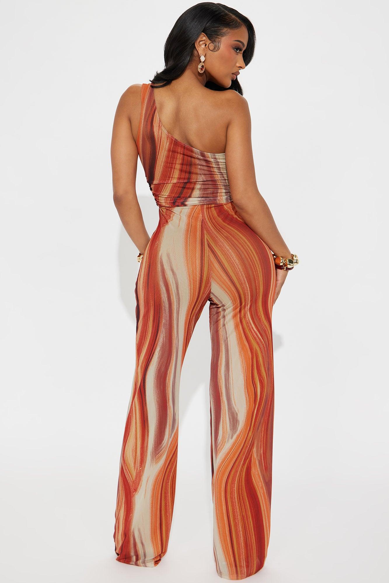 Lost Island One Shoulder Mesh Jumpsuit - Orange/combo Female Product Image