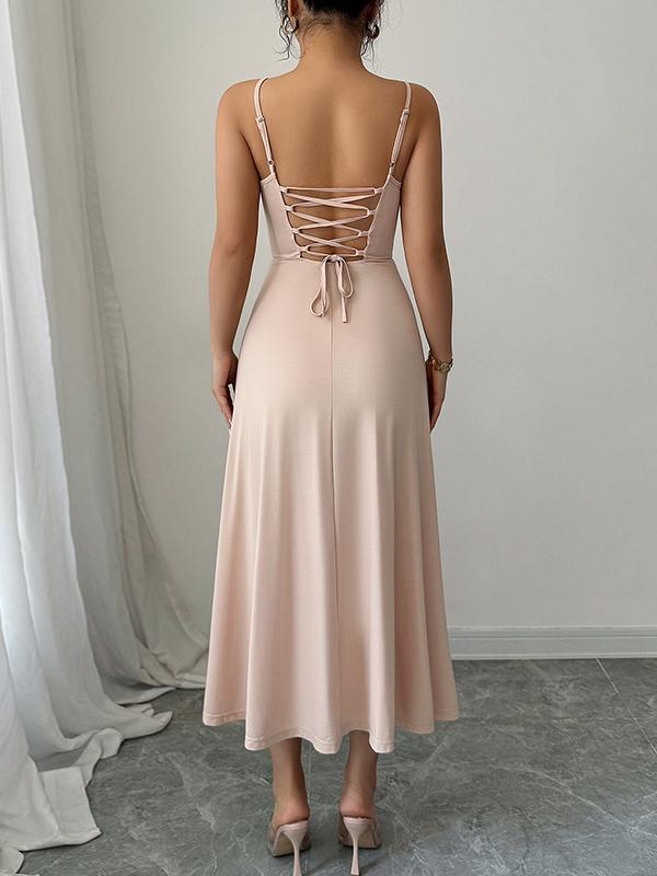 A-Line High Waisted Backless Pleated Solid Color Spaghetti-Neck Midi Dresses Product Image
