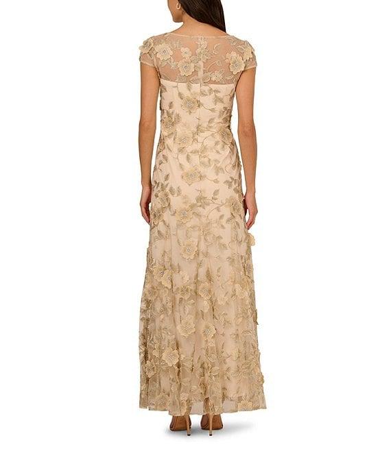 Adrianna Papell Floral Embroidered Boat Neck Short Sleeve A-Line Long Dress Product Image