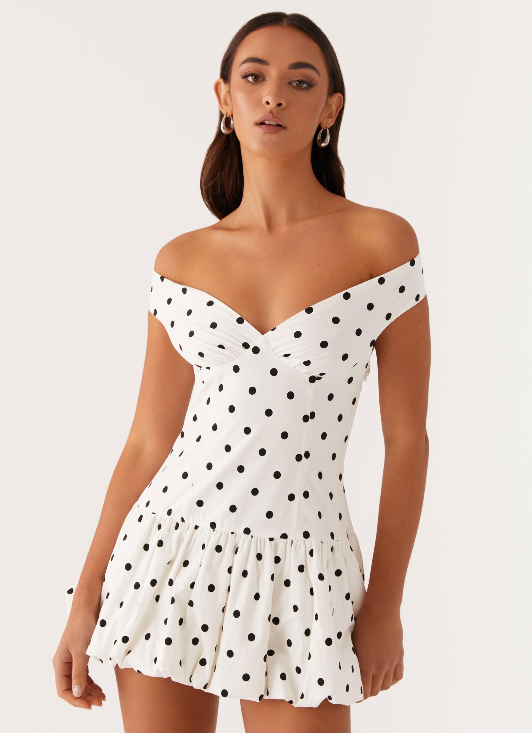 Endless Romance Off Shoulder Mini Dress - White Polka Dot Product Image