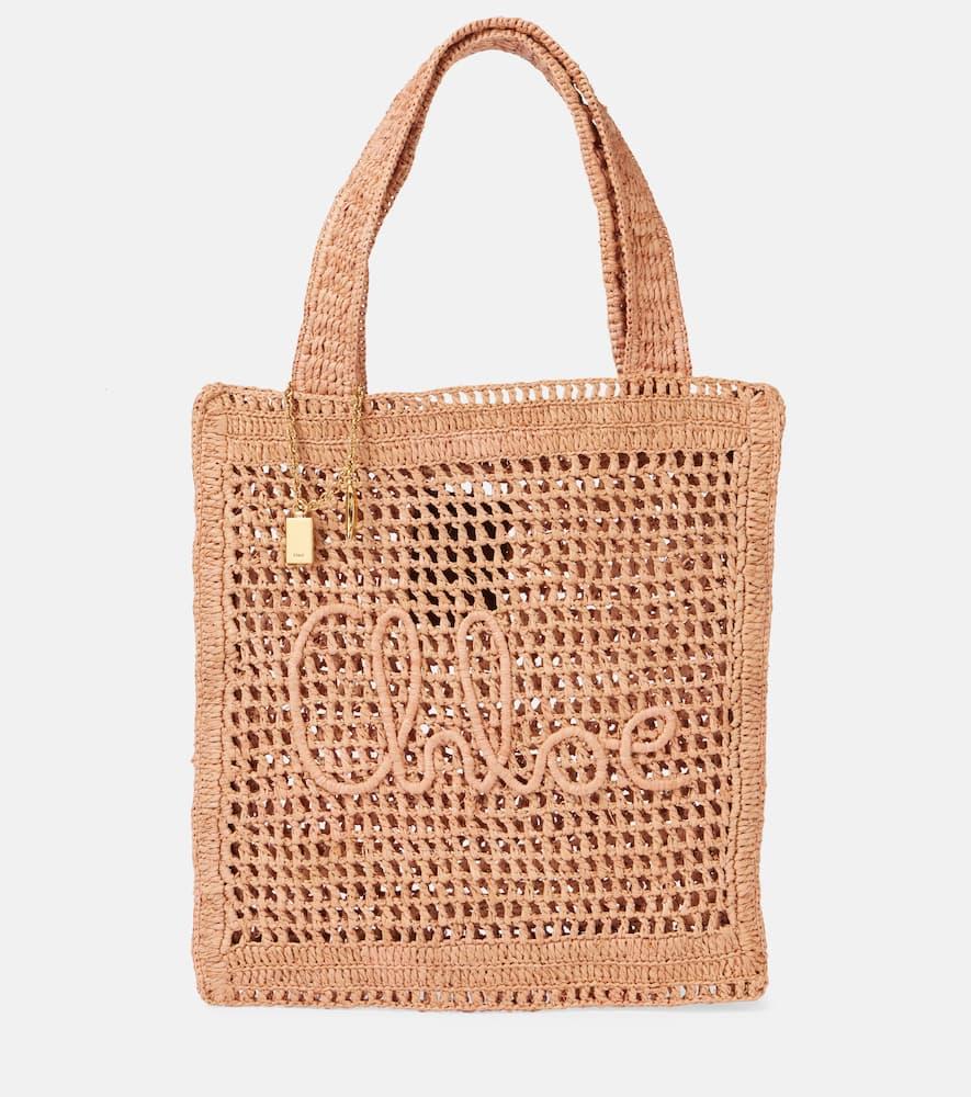 CHLOÉ Summer Banana Embellished Crocheted Embroidered Faux Raffia Tote In Beige Product Image