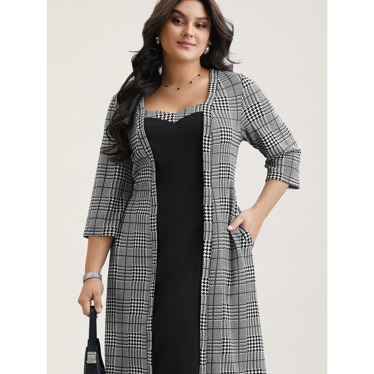 Plus Size Houndstooth Print Waist-Cinched Patchwork Midi Dress BlackFlower Women Office Patchwork Knit Dresses Bloomchic 28/5X Product Image