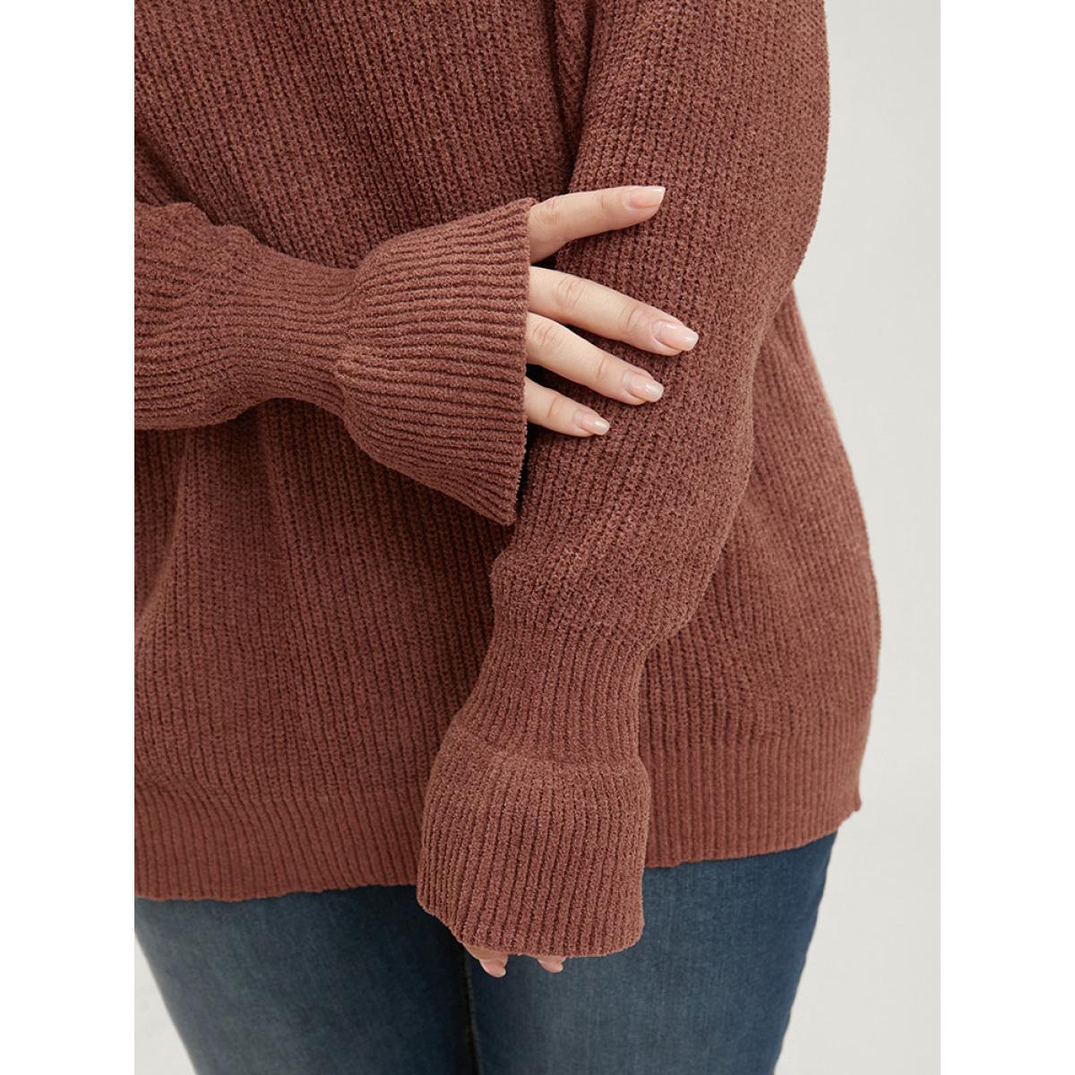 Plus Size Solid Pointelle Knit Round Neck Bell Sleeve Knit Top Bronze Women Casual Loose Long Sleeve Dailywear Pullovers BloomChic 26/4X Product Image