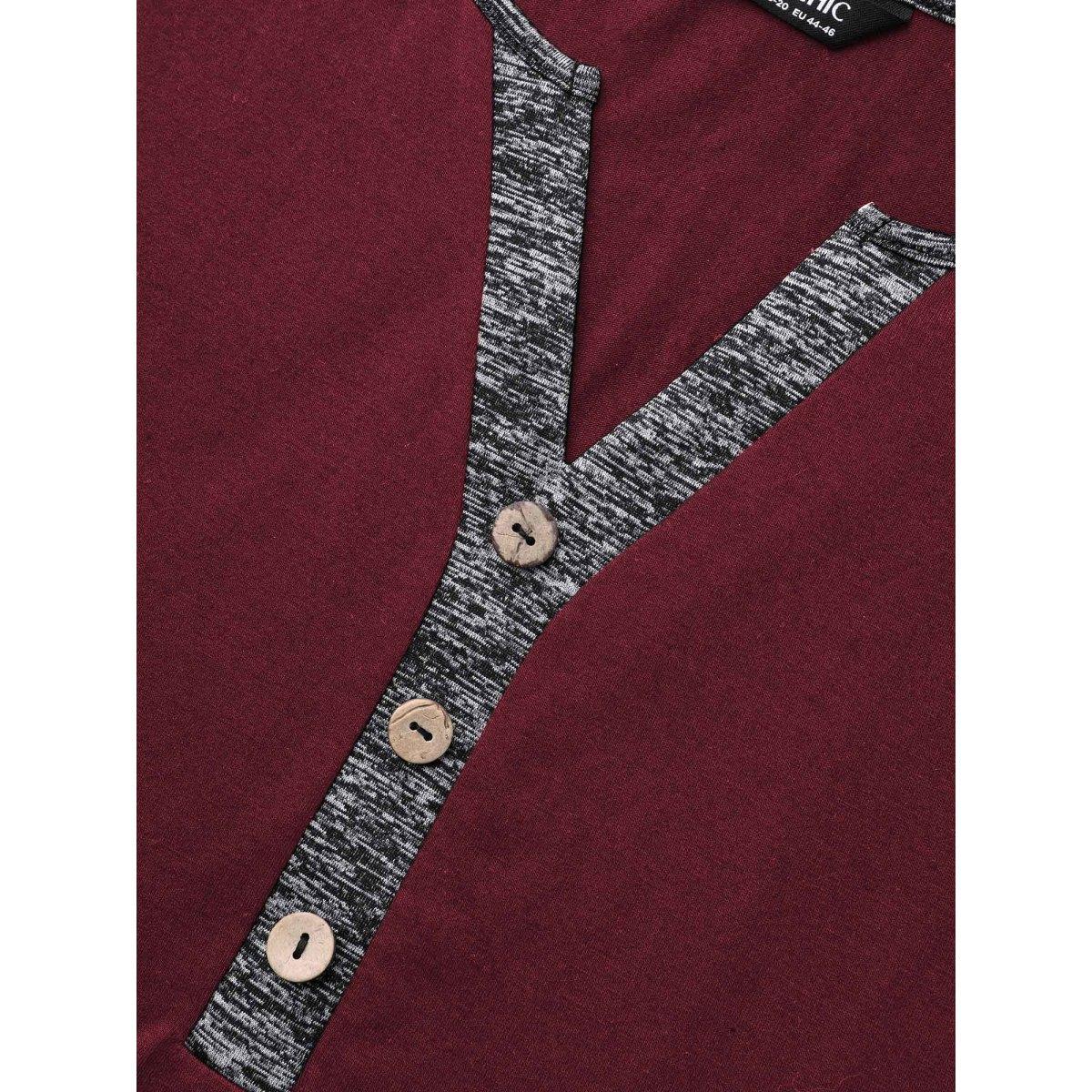 Plus Size Heather Patchwork Button Detail Stretchy T-Shirt Burgundy Women Leisure Contrast Flat collar with V-notch Casual T-shirts BloomChic 18-20/2X Product Image