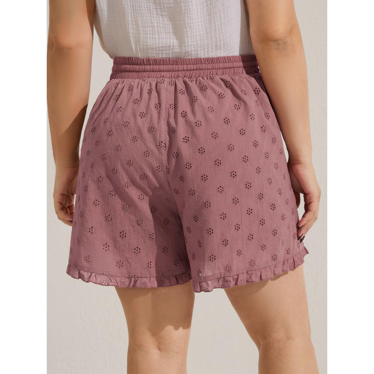 Plus Size Cotton Embroidered Ruffled Hem Wide-Leg Shorts Women Rouge Boho Cut-Out Wide Leg Vacation Shorts BloomChic 14-16/1X Product Image