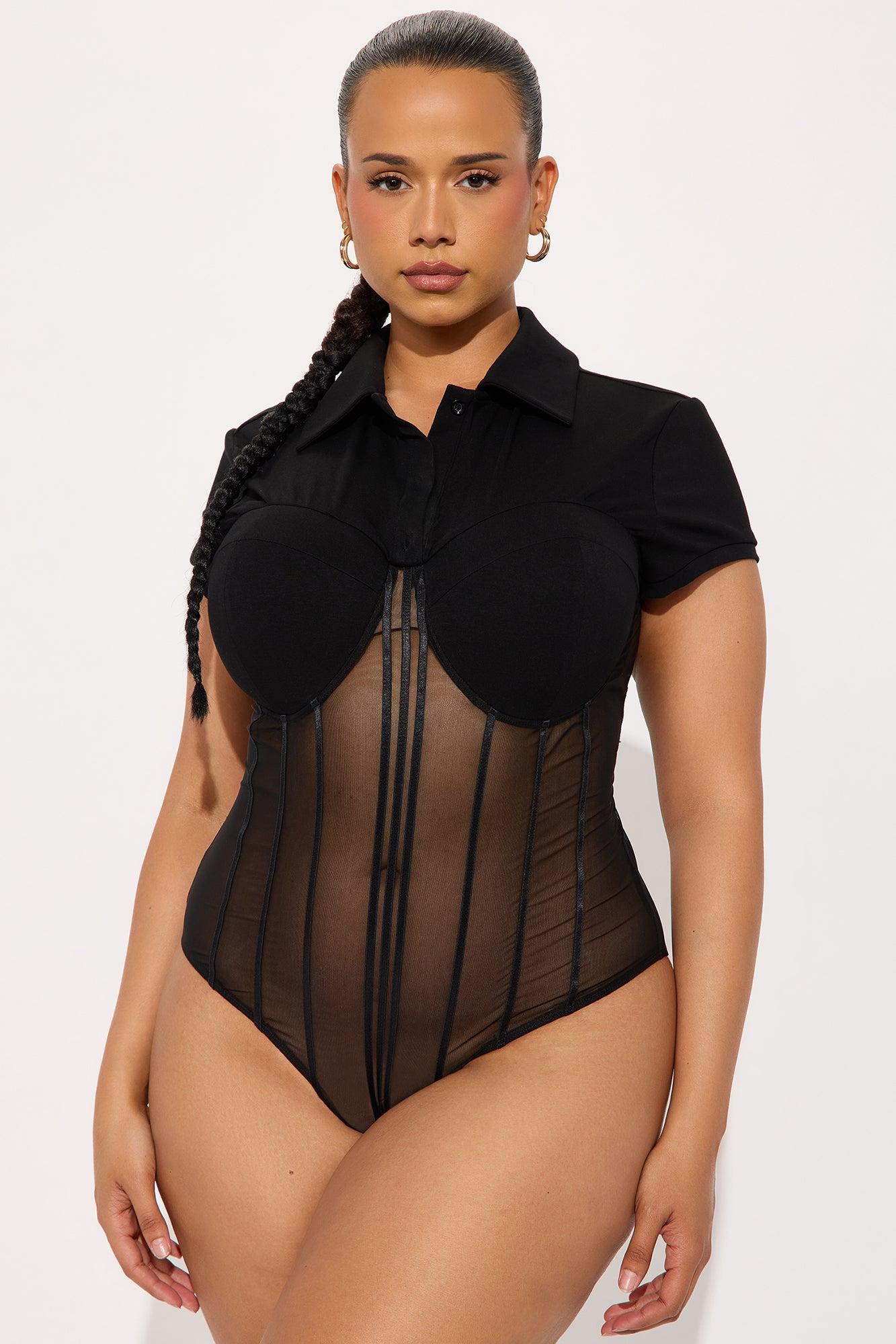 New Pick Collared Short Sleeve Corset Bodysuit - Black Female Product Image