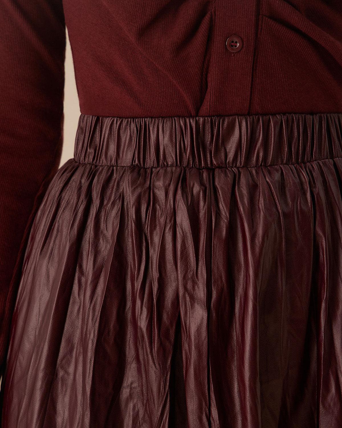 Wine Red Elastic Waist Ruched Midi Skirt Product Image