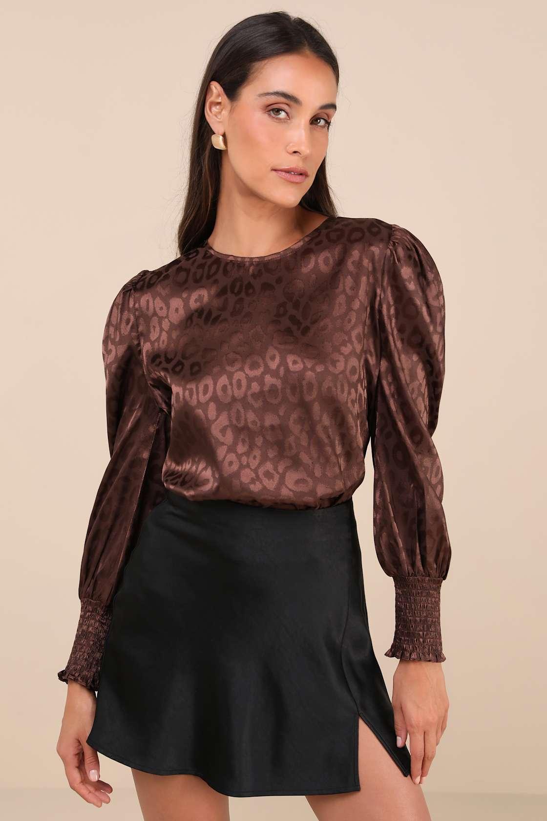 Fierce Outfit Dark Brown Satin Jacquard Long Sleeve Top Product Image