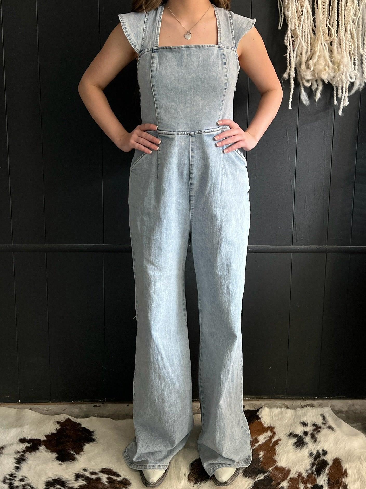 Ruffled Denim Open Smocked Back Jumpsuit Product Image