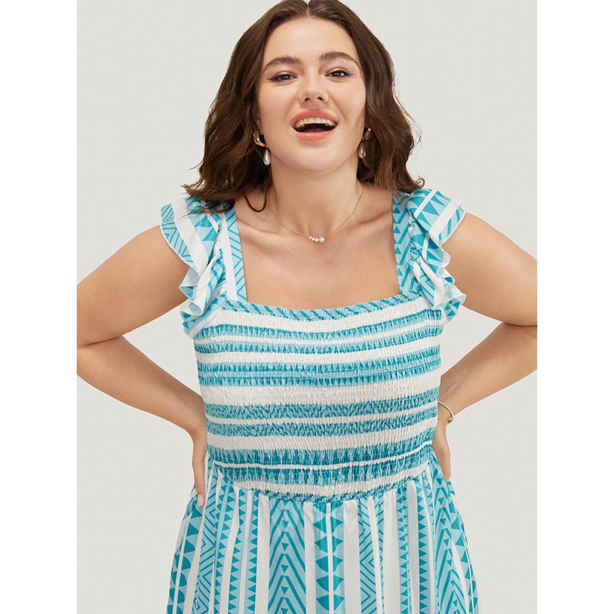Plus Size Striped Contrast Square Neck Pocket Ruffles Shirred Cami Dress LightBlue Women Vacation Square Neck Cap Sleeve Curvy Midi Dress BloomChic 12/L Product Image