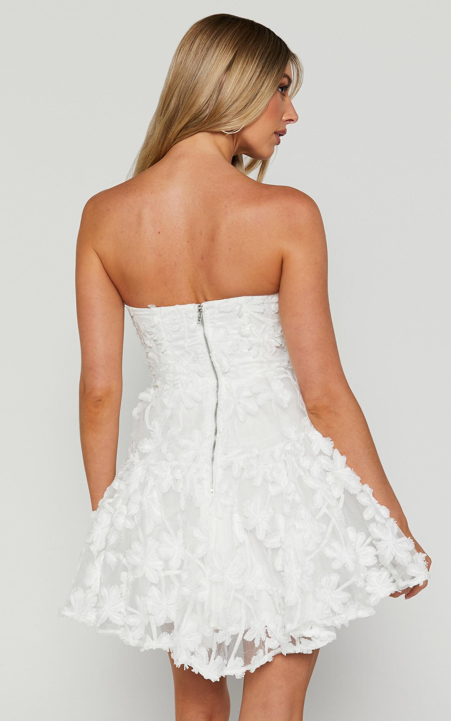 Rheiva Mini Dress - Strapless 3D Embroidery Dress in White Product Image