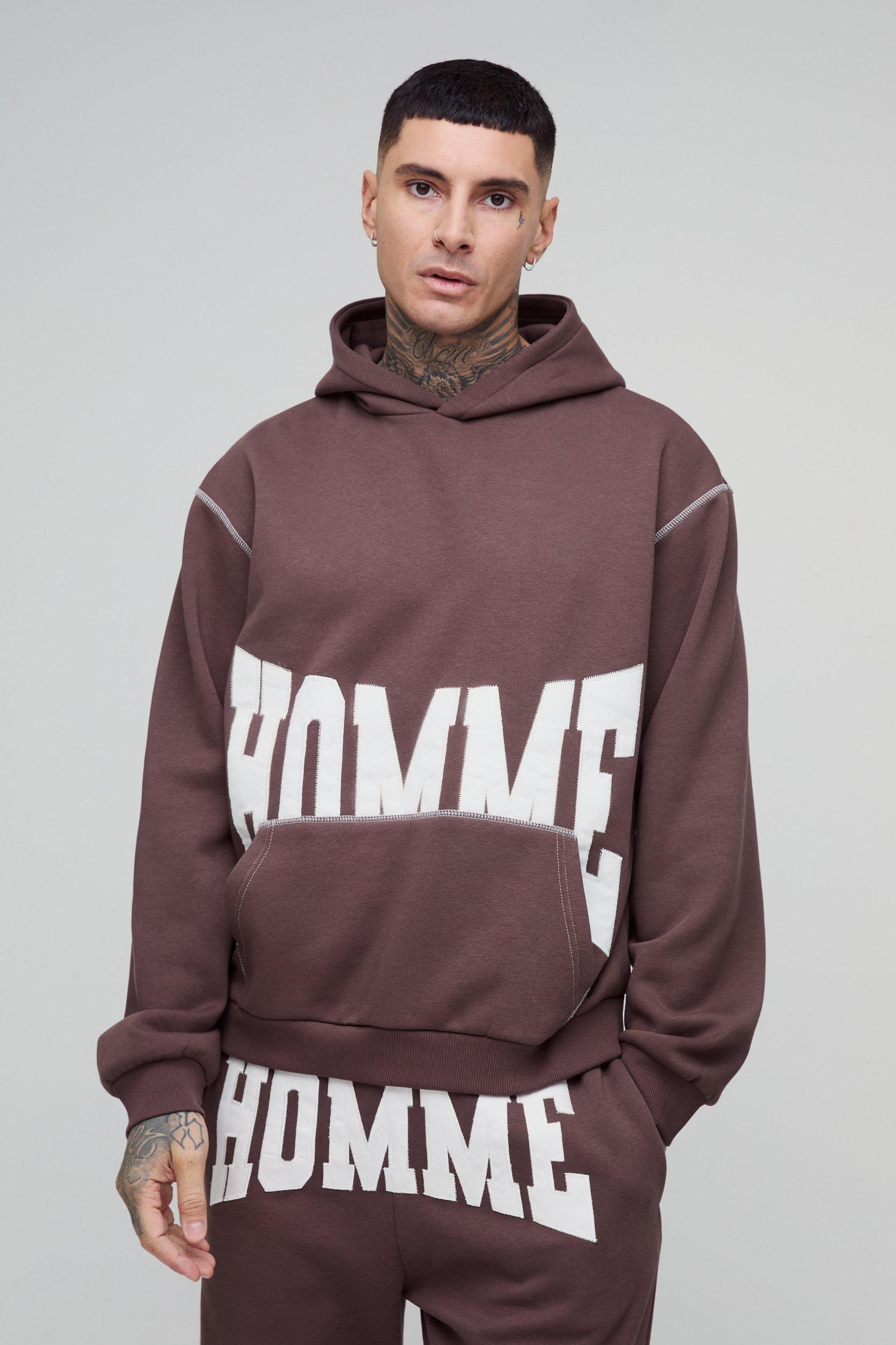 Tall Oversized Boxy Twill Applique Contrast Stitch Hooded Tracksuit | boohooMAN USA Product Image