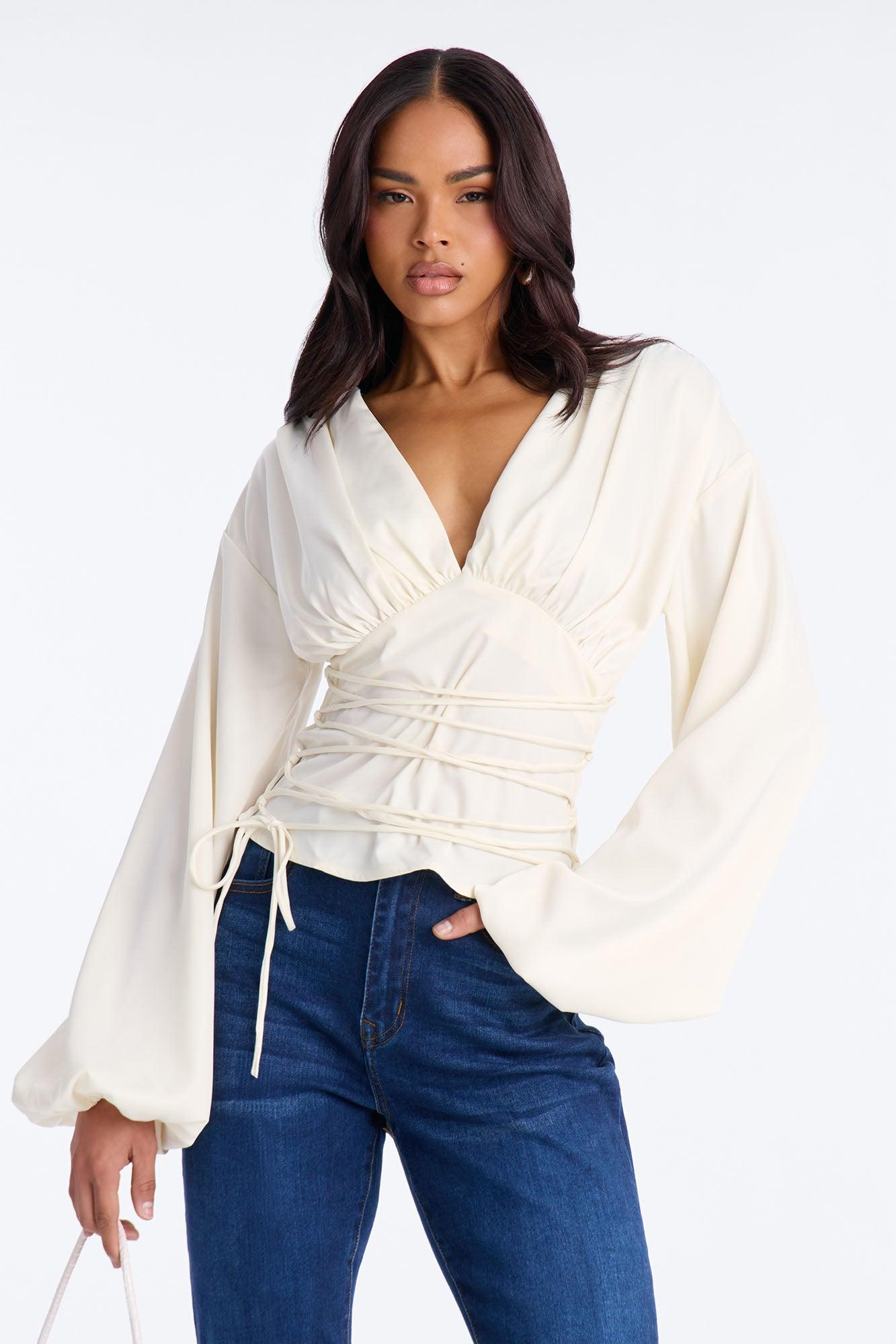 Out And About Lace Up Satin Blouse - Ivory Female Product Image