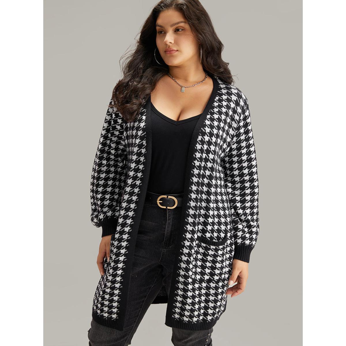 Plus Size Supersoft Essentials Houndstooth Pocket Elastic Cuffs Cardigan Black Women Casual Loose Long Sleeve Dailywear Cardigans BloomChic 14-16/1X Product Image