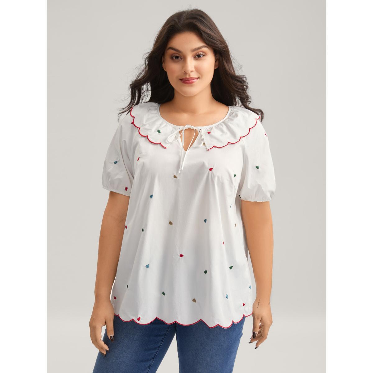 Plus Size Originalwhite Sweetheart Embroidery Doll Collar Blouse Women Short sleeve Peter Pan collar Casual Blouses BloomChic 22-24/3X Product Image