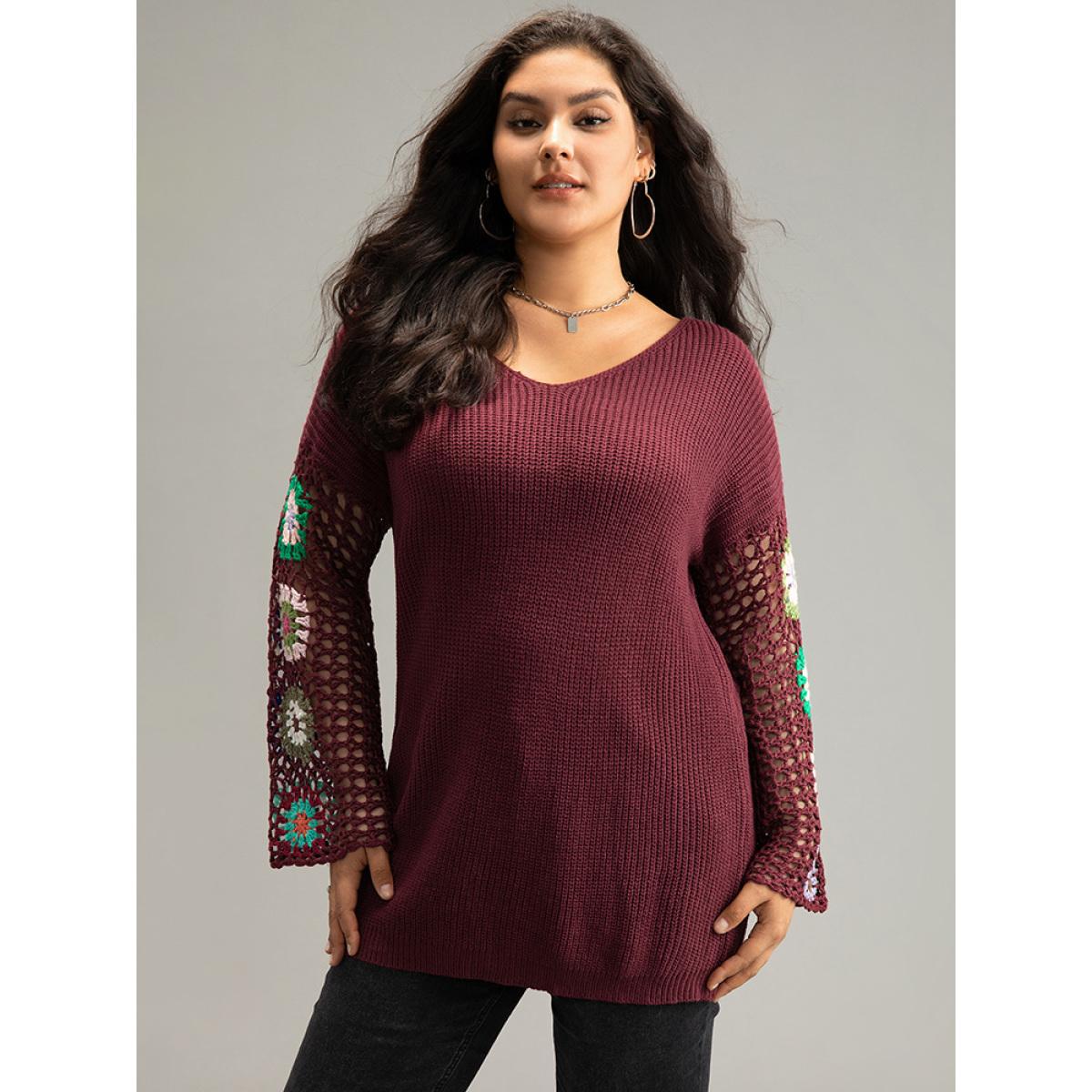 Plus Size Floral Embroidered Hollow Out Pullover Burgundy Women Casual Long Sleeve V-neck Everyday Pullovers BloomChic 26/4X Product Image