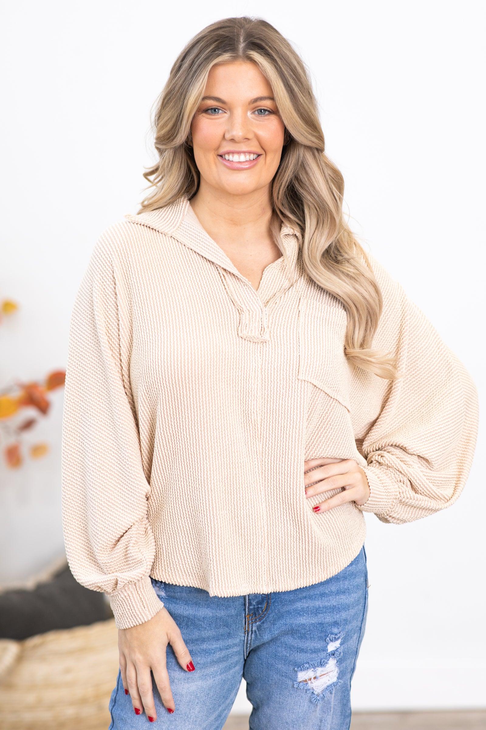 Beige Ribbed Top With Collar Product Image