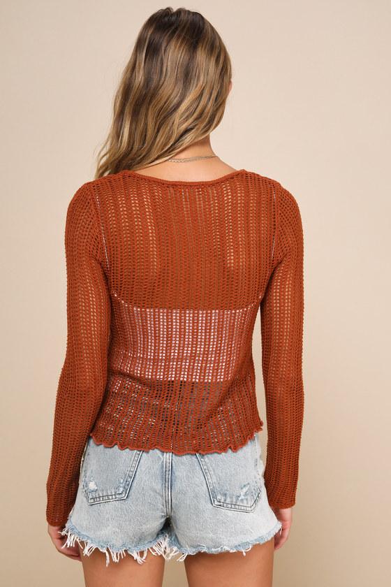 Weekend Layers Rust Brown Loose Crochet Knit Sweater Top Product Image