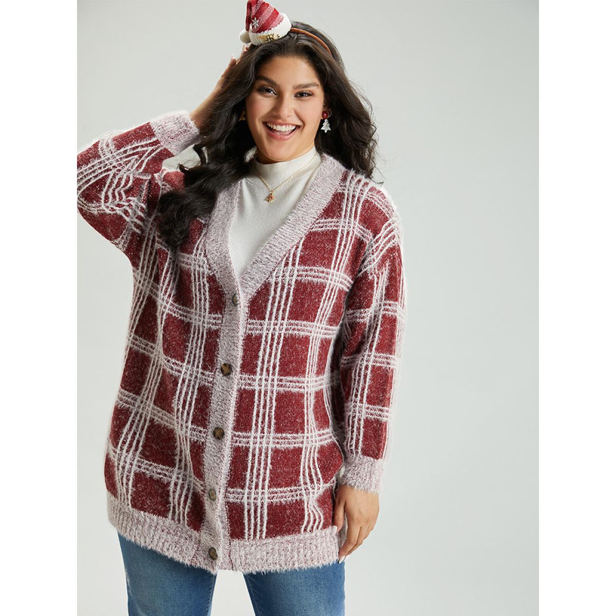 Plus Size Plaid Fuzzy Heather Button Fly Tunic Cardigan Burgundy Women Casual Loose Long Sleeve Festival-Christmas Cardigans BloomChic 22-24/3X Product Image