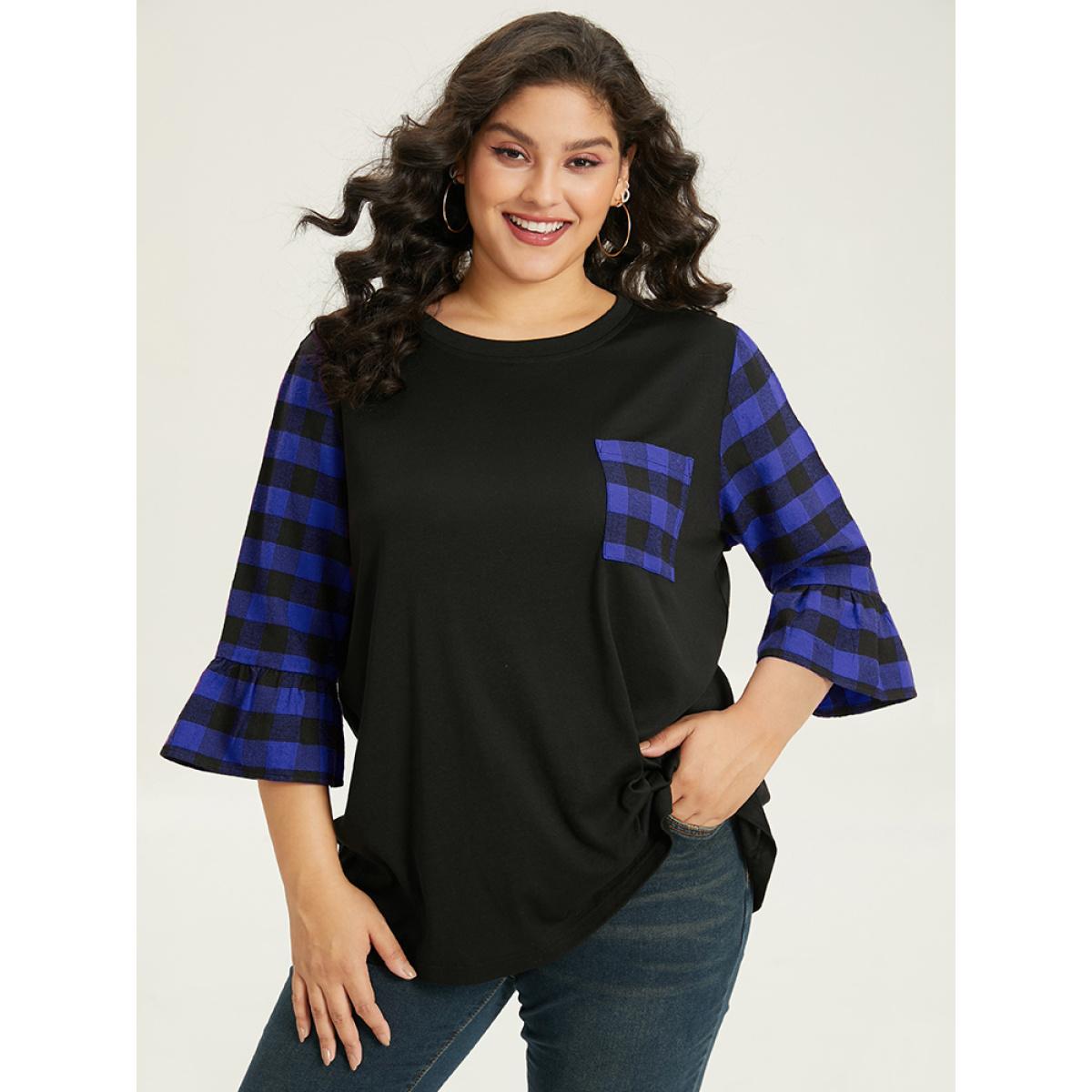 Plus Size Plaid Patched Pocket Patchwork Contrast Bell Sleeve T-shirt Blue Women Casual Contrast Plaid Round Neck Dailywear T-shirts BloomChic 12/L Product Image