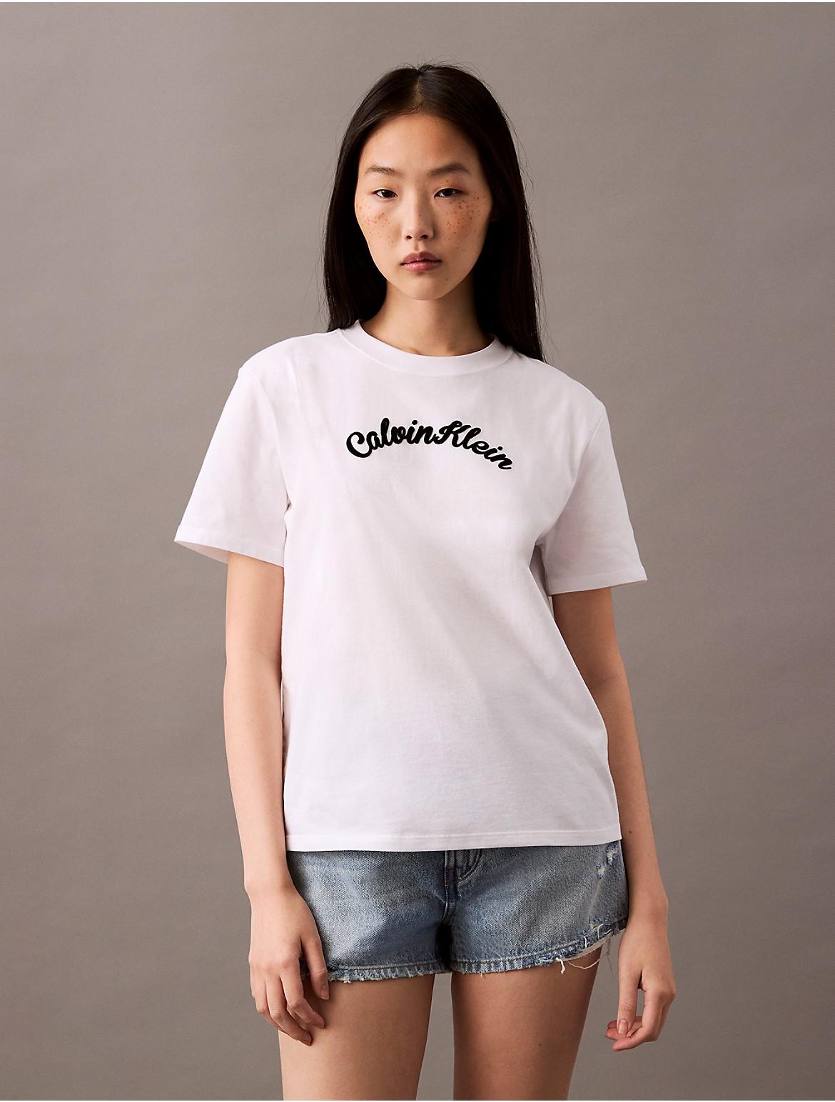 Calvin Klein Womens Calvin Klein Felt Logo Script Classic Tee - Pink Product Image