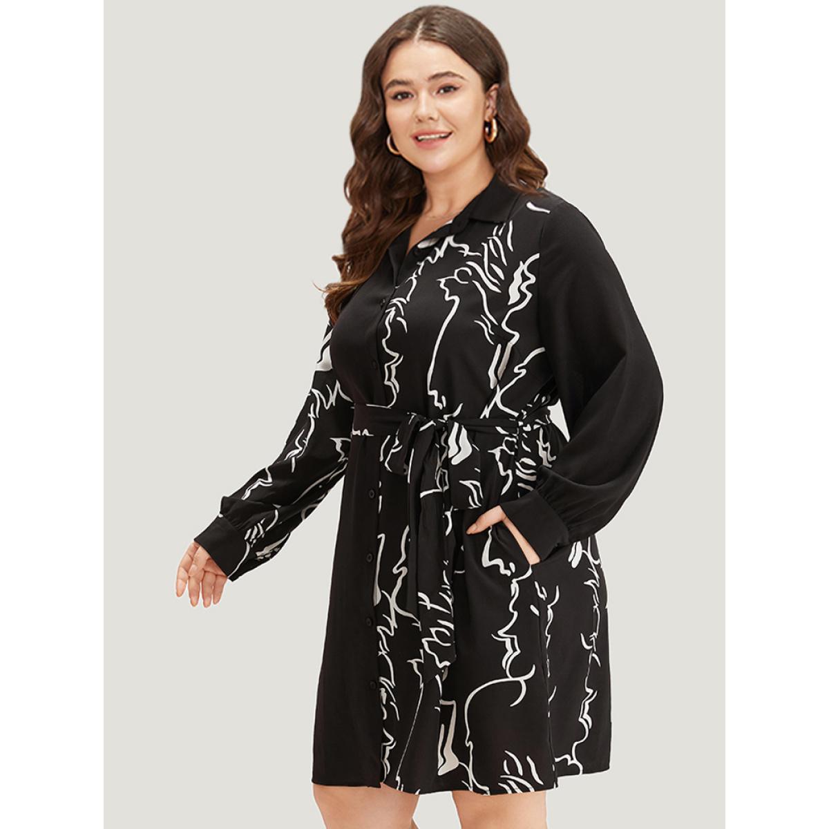 Plus Size Graphic Shirt Collar Pocket Button Through Belted Dress BlackFlower Women Office Belted Shirt collar Long Sleeve Curvy Knee Dress BloomChic 30/6X Product Image