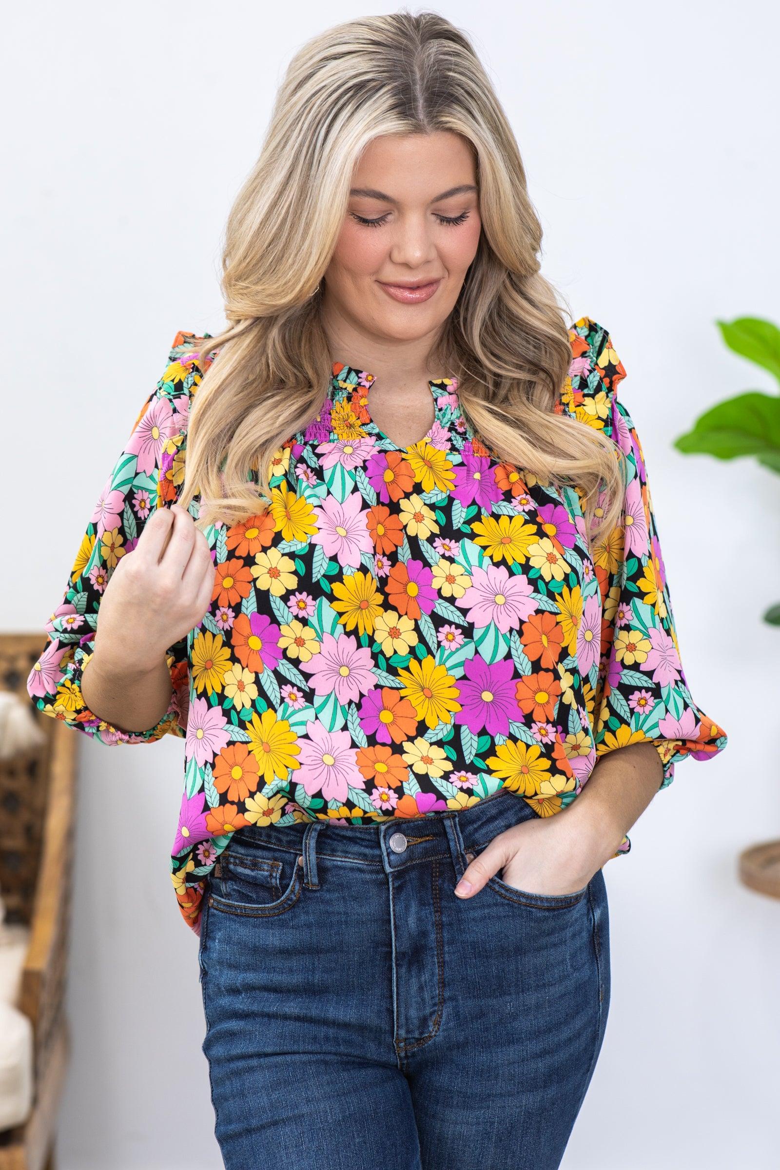 Black Flower Print V-Notched Woven Top Product Image