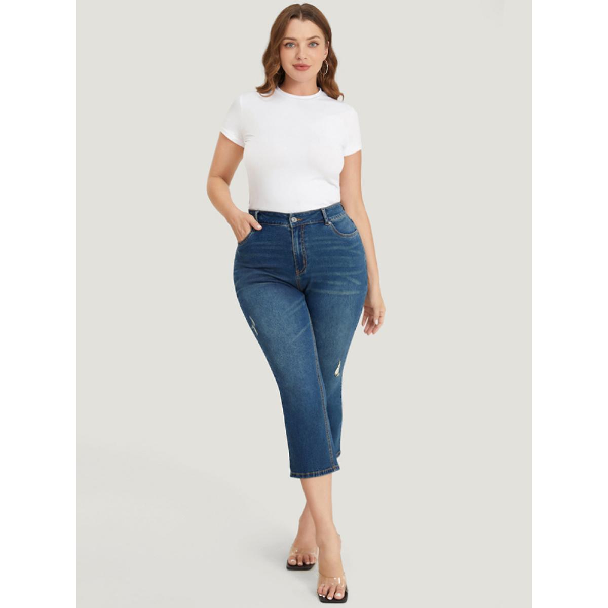 Plus Size Very Stretchy High Rise Medium Wash Ripped Detail Cropped Jeans Women Indigo Casual Plain High stretch Pocket Jeans BloomChic 10/M Product Image