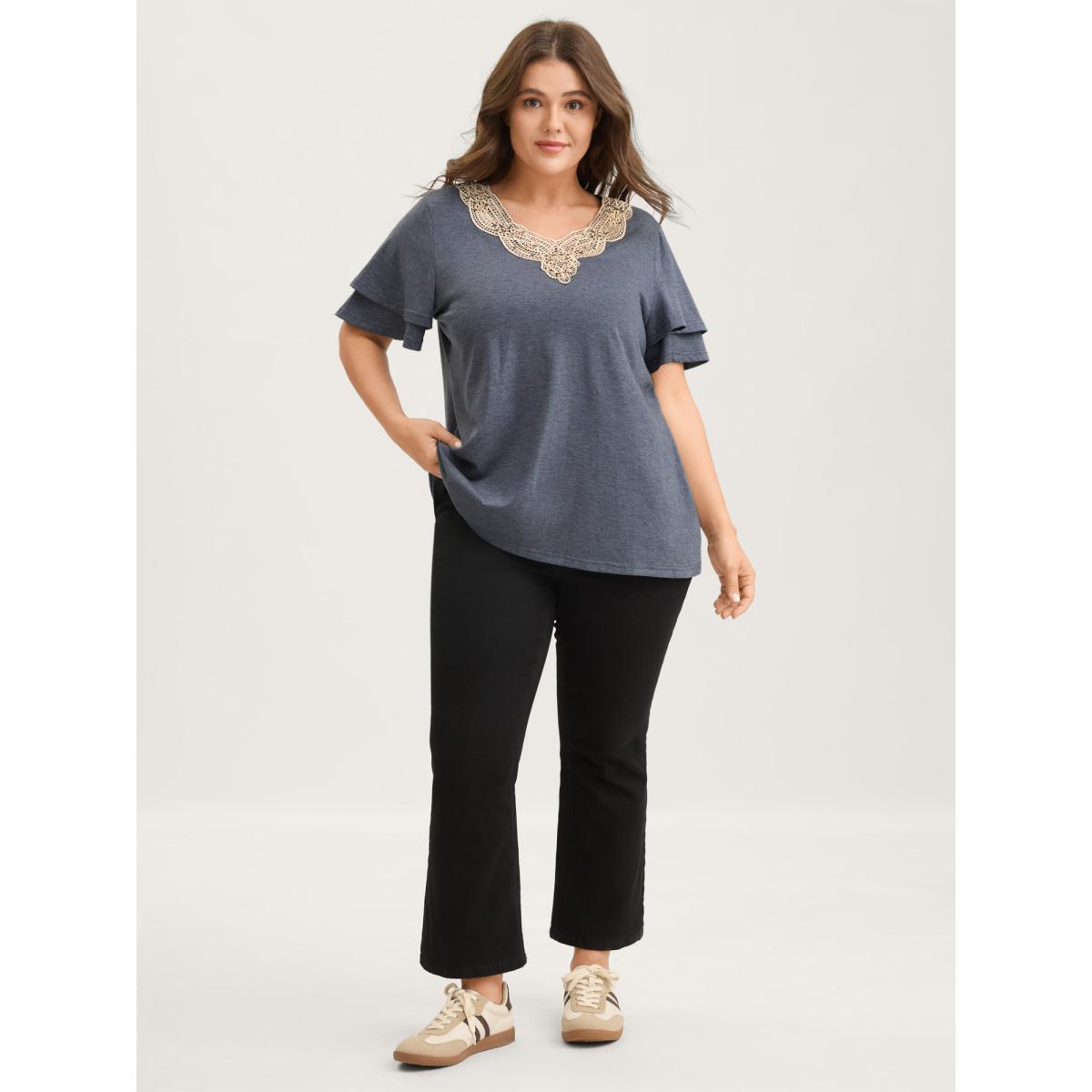 Plus Size Layered Sleeve Lace Neck Solid T-Shirt Stone Women Leisure Woven ribbon&lace trim V-neck Casual T-shirts BloomChic 28/5X Product Image