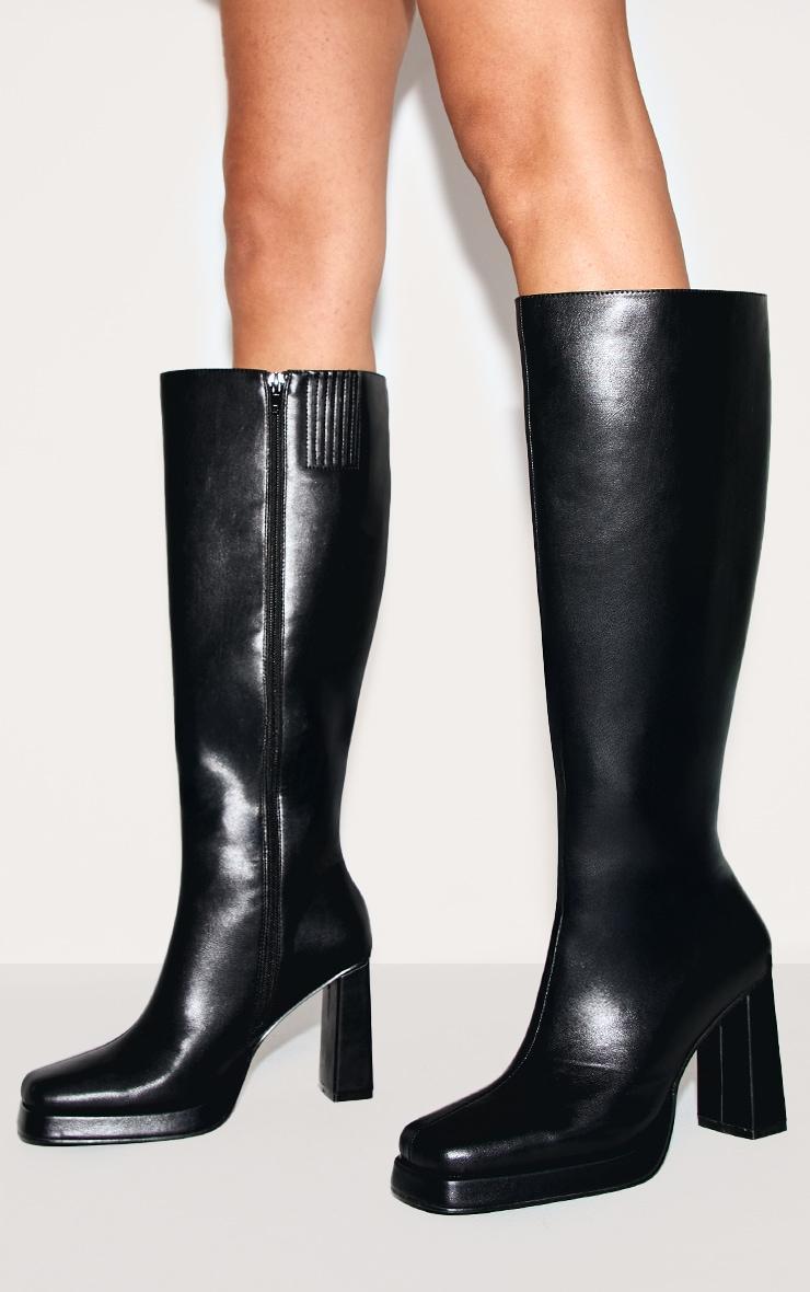 Black PU Square Toe Slight Platform Knee High Heeled Boots Product Image