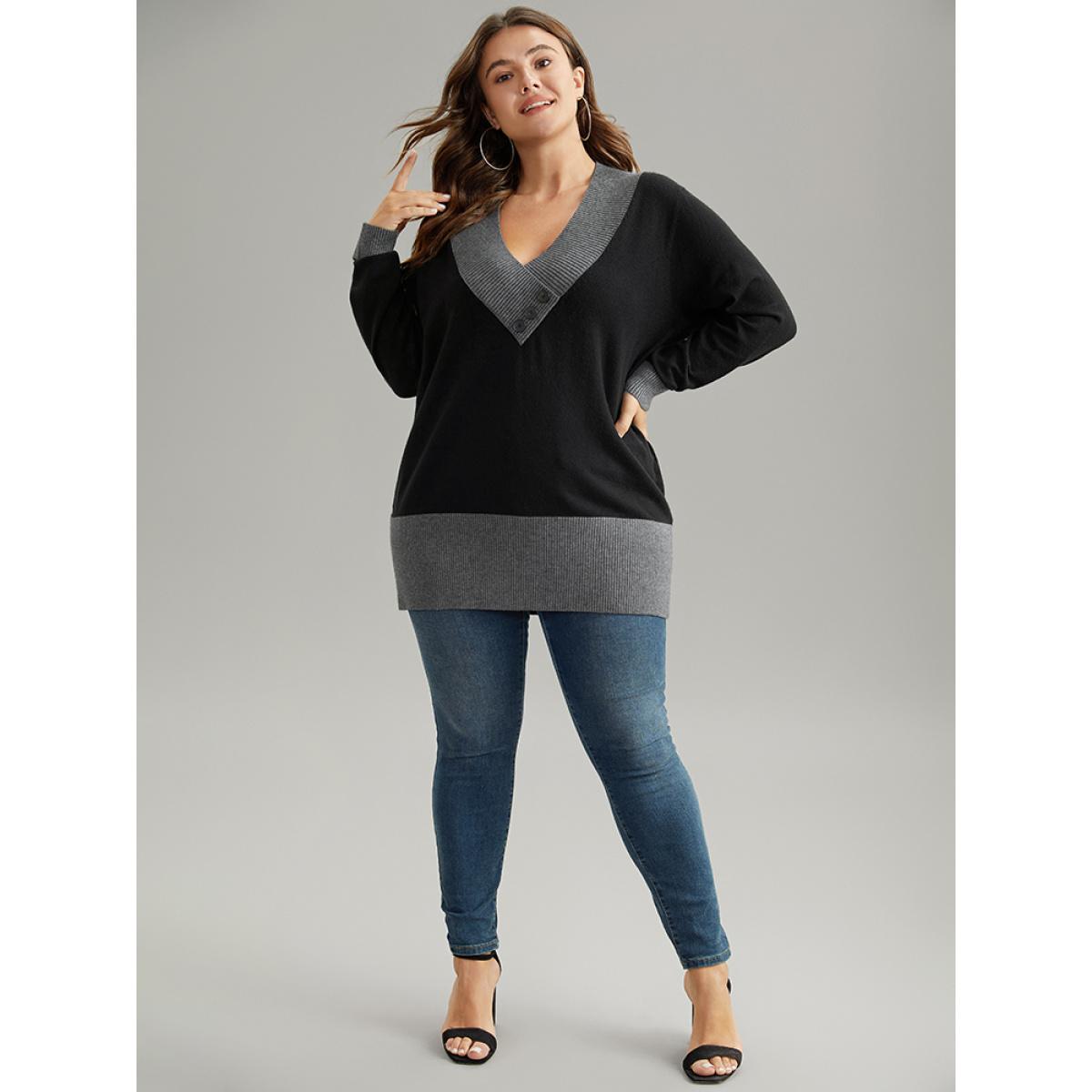 Plus Size Supersoft Essentials Contrast Deep V Neck Button Detail Pullover Black Women Casual Long Sleeve Deep V-neck Everyday Pullovers BloomChic 30/6X Product Image