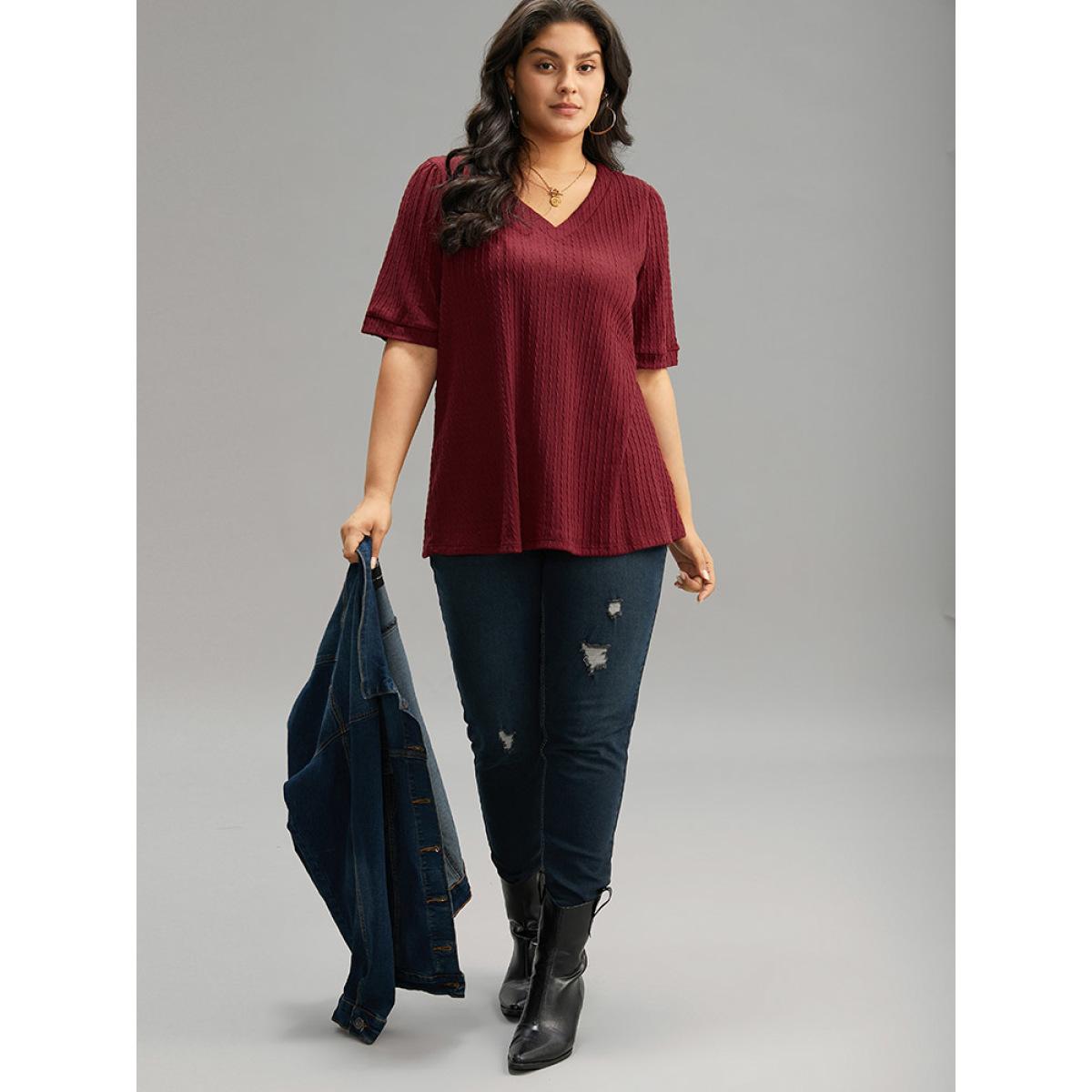 Plus Size Plain Texture V Neck Gathered Lantern Sleeve T-shirt Burgundy Women Casual Texture Plain V-neck Dailywear T-shirts BloomChic 22-24/3X Product Image
