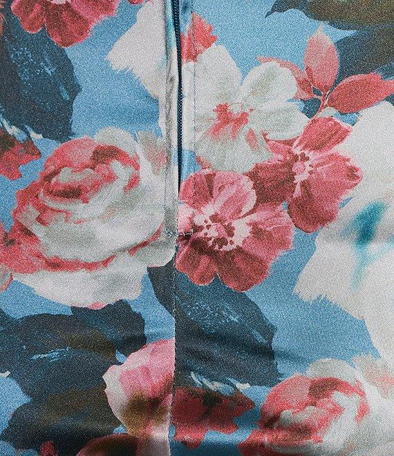 Honey and Rosie Floral Print Stretch Satin Cowl Neck Corset Inspired Asymmetrical Hem Dress Product Image