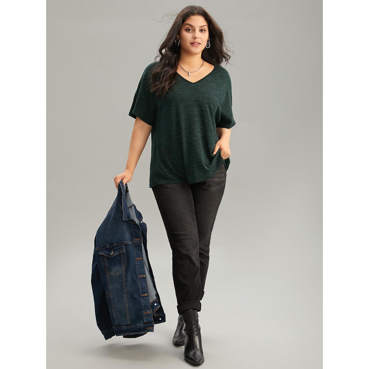 Plus Size Solid Heather V Neck Dolman Sleeve T-shirt DarkGreen Women Casual Plain Plain V-neck Everyday T-shirts BloomChic 28/5X Product Image