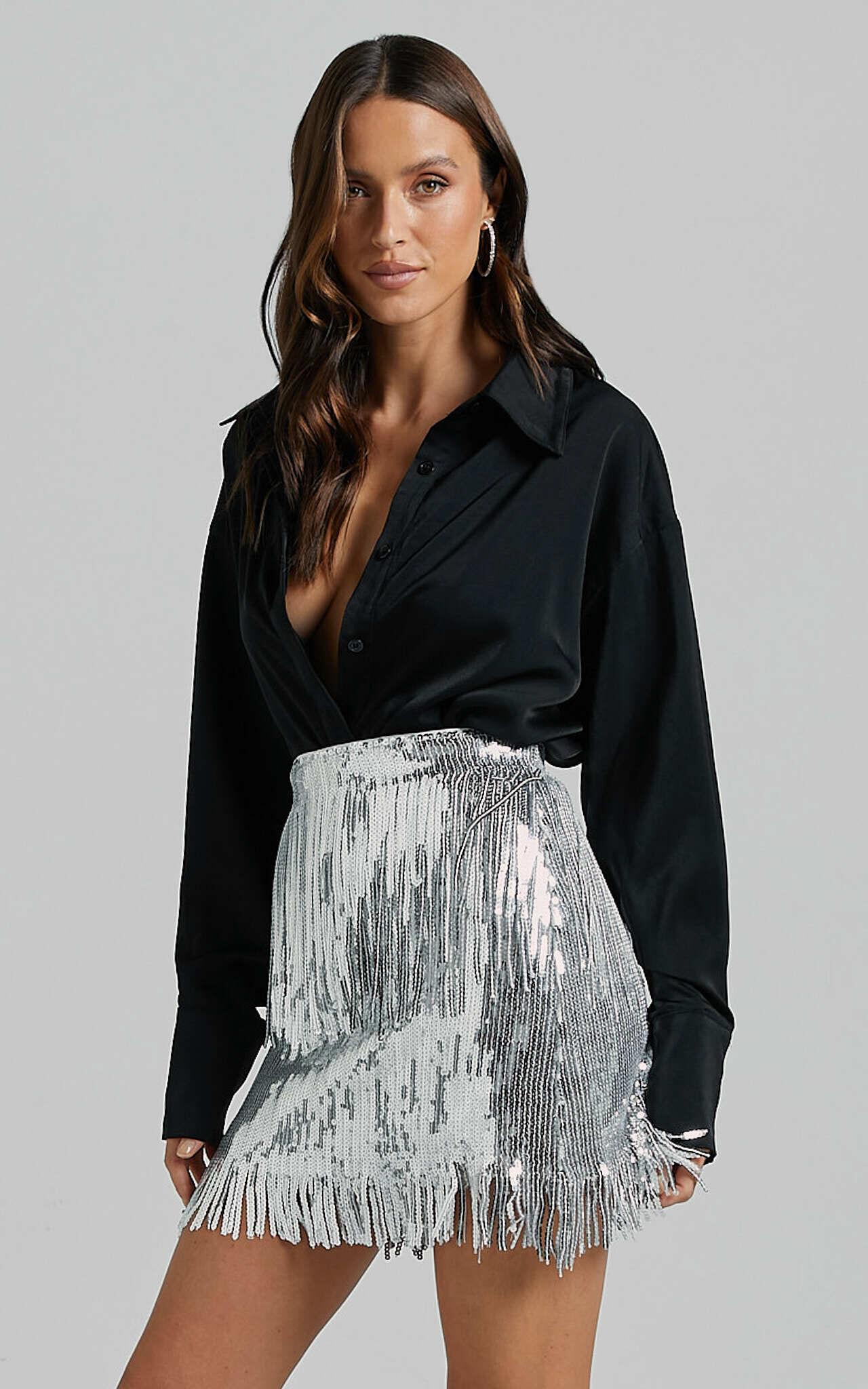 Paris Mini Skirt - Sequin Fringe High Waisted Skirt in Silver Product Image