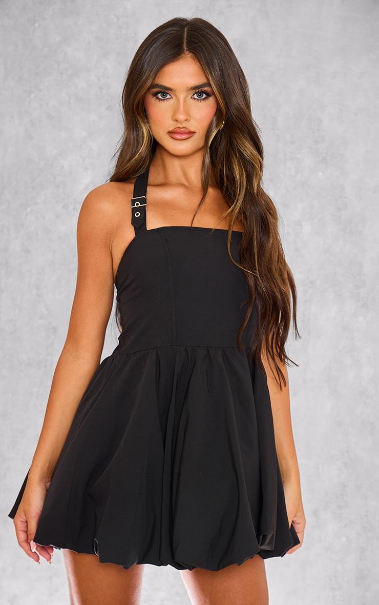 Black Buckle Detail Halterneck Puffball Mini Dress Product Image