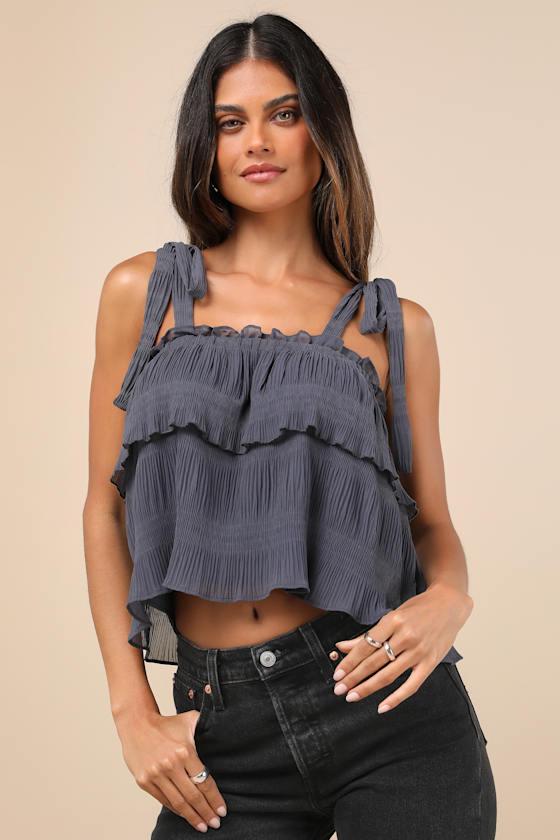 Tiers to Summer Dark Slate Blue Tie-Strap Tiered Tank Top Product Image