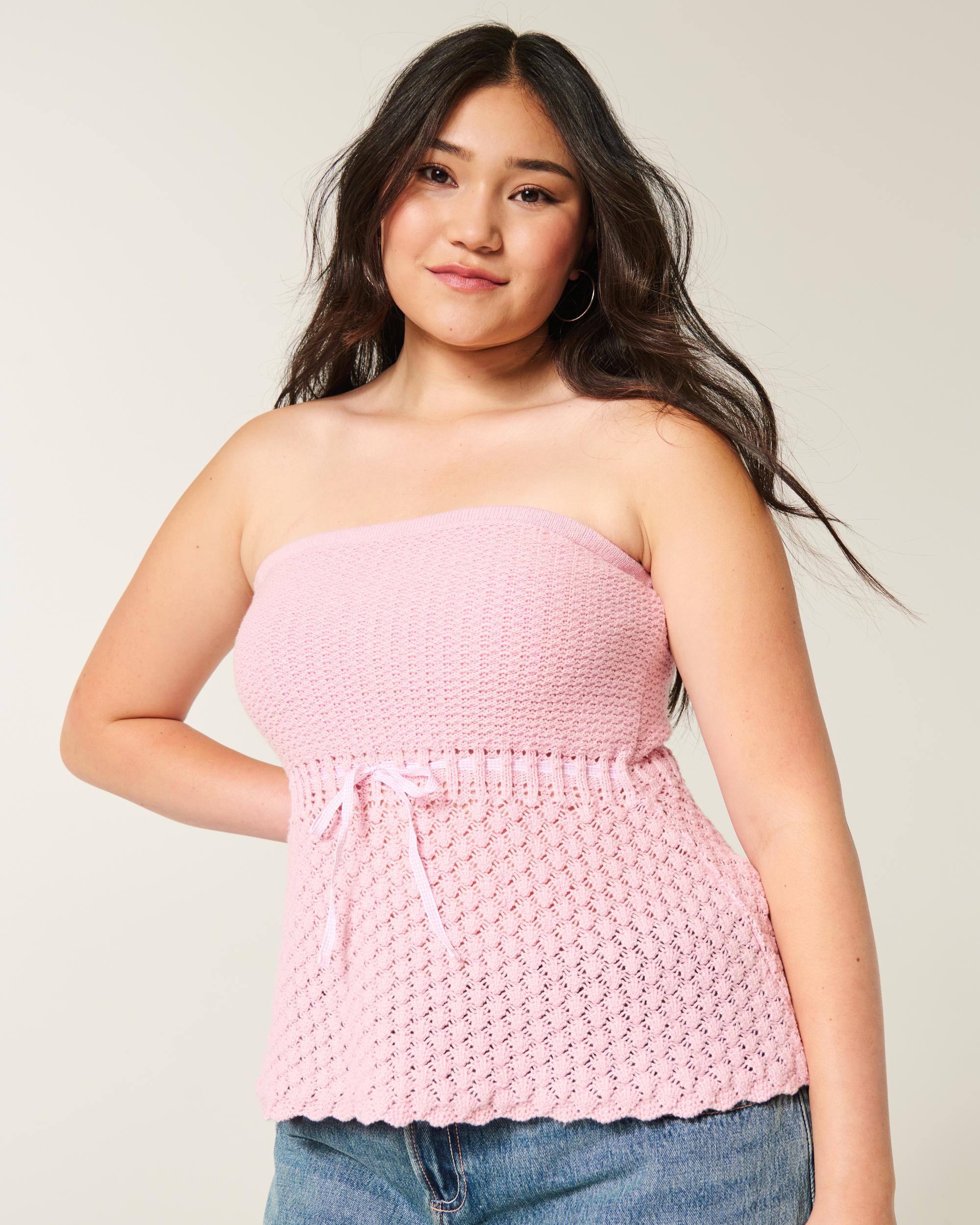 Crochet-Style Strapless Sweater Tube Top Product Image